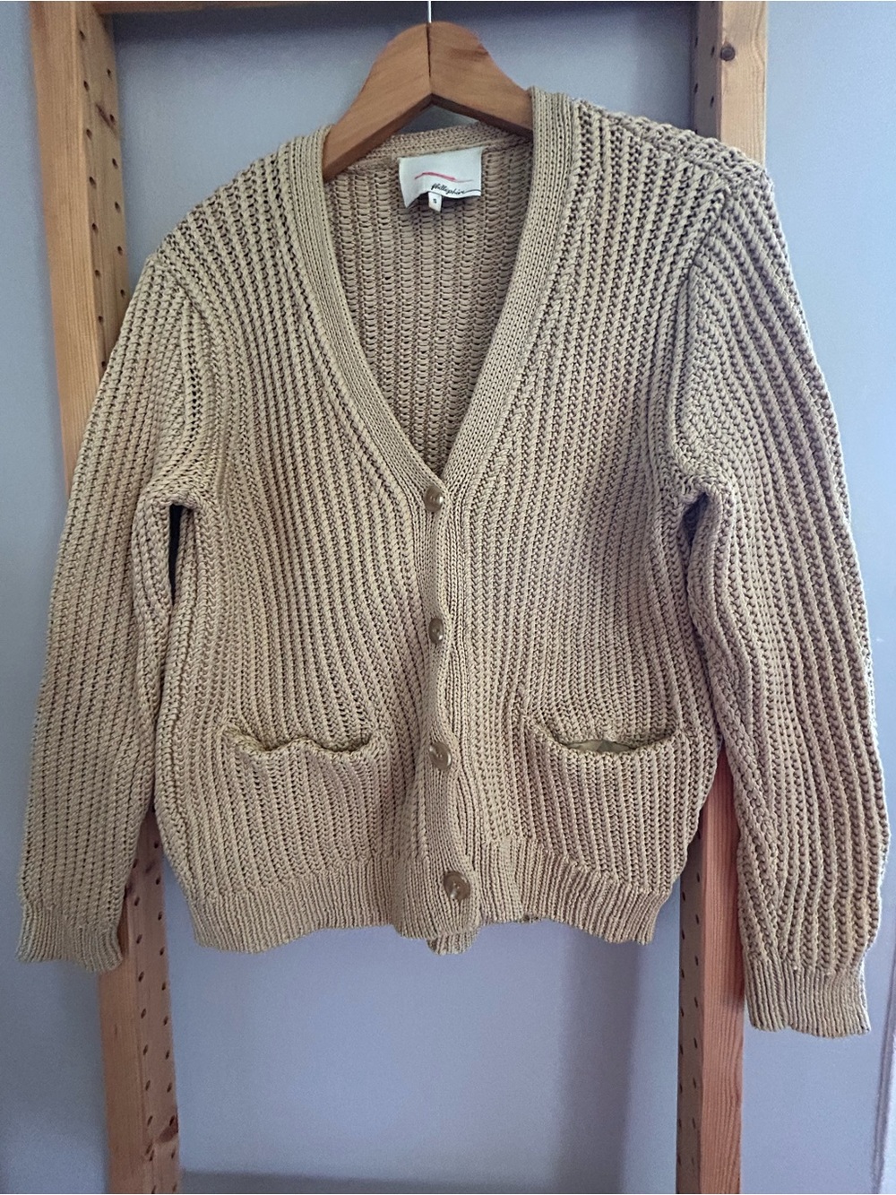 3.1 Phillip Lim Tan Textural V-Neck Button Cotton Cardigan Sz S